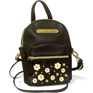 Vintage Betsey Johnson Mini Black Faux Pearl Floral Design Backpack Crossbody
